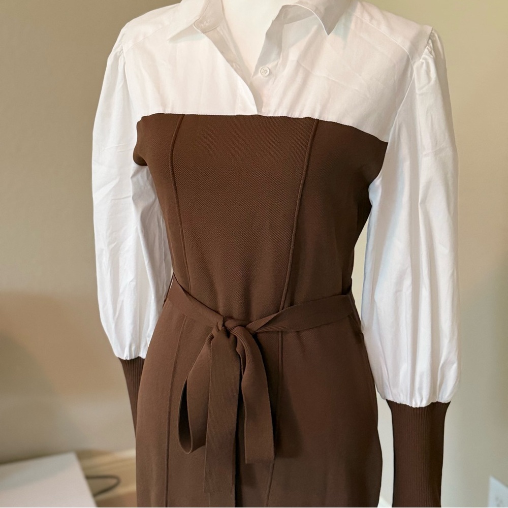 New York & Company Brown and White Sheath Dress with Bishop Sleeves NWOT - Picture 3 of 9